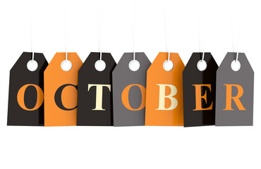 October tag on colored hanging labels isolated on white background