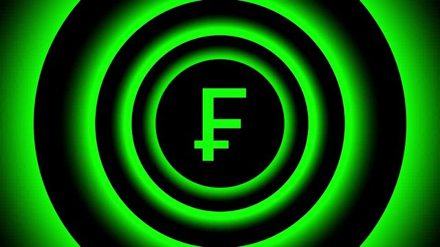 Growing Swiss frank sign surrounded by green blurred circles - visual illusion. 3D rendering Switzerland frank seamless looping animation 3840x2160, 4k.