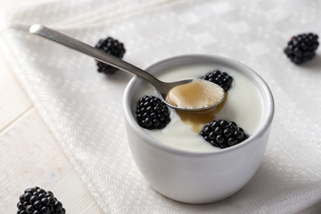 Yogurt in white ceramic bowl with blackberries on the top.