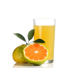 Orange juice and tangerine on white background