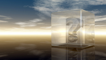 question mark in glass cube under cloudy sky - 3d rendering