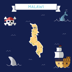 Flat treasure map of Malawi. Colorful cartoon with icons of ship, jolly roger, treasure chest and banner ribbon. Flat design vector illustration.