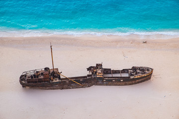Detail aerial view of shipwreck on Navagio beach, Zakynthos