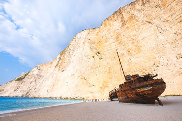 Scenic view of Shipwreck beach with ship detail, Zakynthos