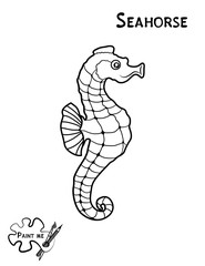 Children's coloring book that says Paint me. Sea life. Seahorse