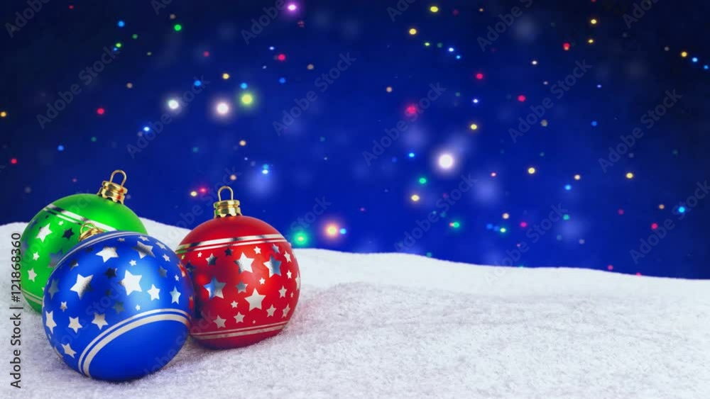 Wall mural colorful christmas balls in snow on bokeh background. seamless loop. 3d render.