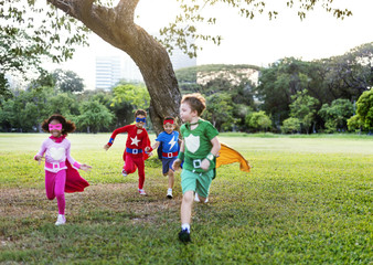 Superheroes Cheerful Kids Expressing Positivity Concept