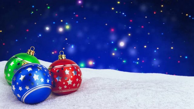 colorful christmas balls in snow on bokeh background. Seamless loop. 3D render.