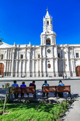 Naklejka premium AREQUIPA PERU NOVEMBER 9: Main square of Arequipa with church on