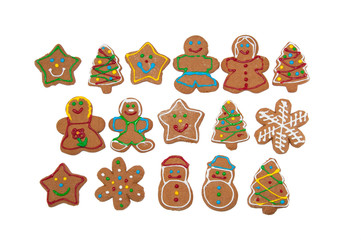 Colorful, glazed gingerbread Christmas cookies on white background