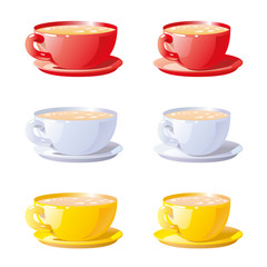 Set of Coffee and Tea Cups with Saucers in Different Colors, Crockery, Kitchen Utensils dishes, Tableware in red, yellow and white with a hot or cold drink, isolated vector objects