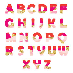 Modern abstract font with glitter. Creative ABC letters can be used for sale, birthday party, shop, present, header, brochure.