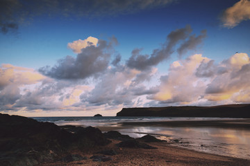 Early morning view of the beach at Polzeath Vintage Retro Filter