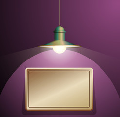 Ancient bronze lamp hanging on the wire. Big and empty bronze plate illuminated on the purple wall. Vector illustration of lighting.