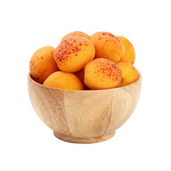 Ripe fresh apricots in wooden bowl over white