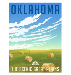 Naklejka premium Oklahoma, United States retro travel poster or luggage sticker. Scenic field with round hay bales vector illustration