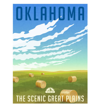 Oklahoma, United States retro travel poster or luggage sticker. Scenic field with round hay bales vector illustration