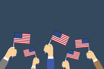 Hands Holding Up American Flags. Vector background