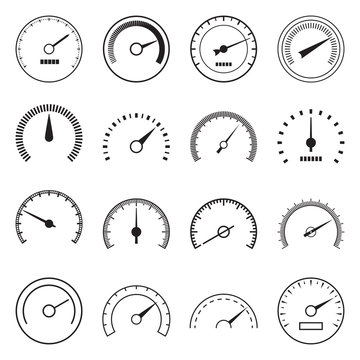 Collection of speedometer icons isolated on a white background. Vector illustration
