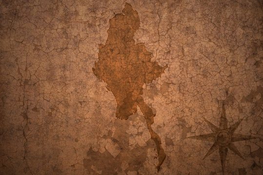 myanmar map on vintage crack paper background