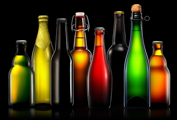 Set of beer bottles with clipping path isolated on black gradient background