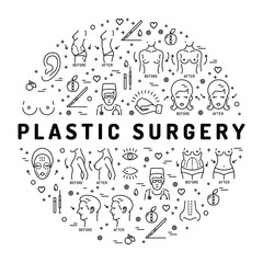 Flat infographics Plastic Surgery, space for text. Medical linear icons: breast augmentation, liposuction, face and body cosmetology. Vector Concept thin line symbols Beauty and Health