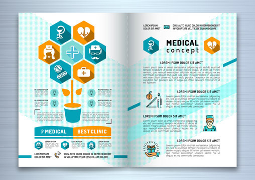 Design medical brochure template A4 size. Linear flat infographics, medical palette of blue, turquoise and orange colors. Business concept Health and Beauty, Vector illustration