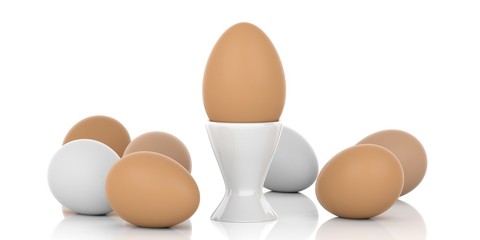 Eggs and egg cup on white background. 3d illustration