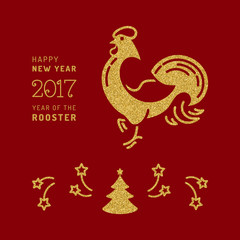 Vector card 2017 Happy New Year. Chinese Zodiac Year of the Rooster 2017, Holiday golden symbols on a red background. All elements are isolated and editable, Vector illustration