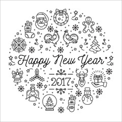 Happy New Year 2017 design template, Vector trend circle composition. Creative Christmas collage, Elegant minimal design, thin line art style. Vector Minimalistic Holiday greeting card, flyer, banner