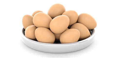 Eggs in a bowl on white background. 3d illustration