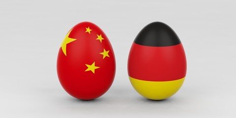 Fototapeta premium China and Germany flags on eggs. 3d illustration