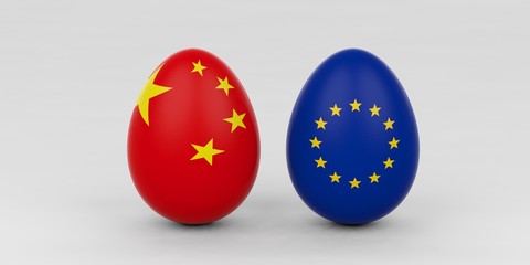 China and EU flags on eggs. 3d illustration