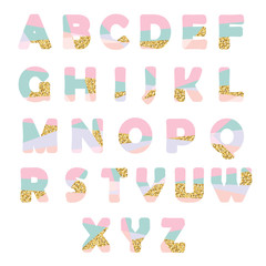 Modern abstract font with glitter. Creative ABC letters can be used for sale, birthday party, shop, present, header, brochure.