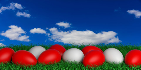 White and red eggs on grass. 3d illustration