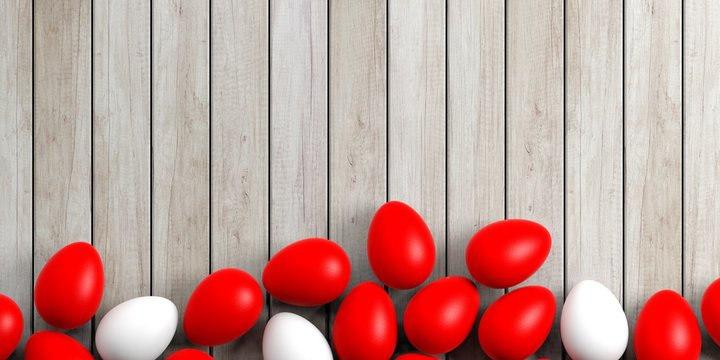 White and red eggs on a wooden surface. 3d illustration