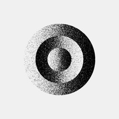 Black abstract geometric shape, circle badge with film grain, noise, dotwork, grunge texture and light background for logo, design concepts, posters, banners, web, prints. Vector illustration.