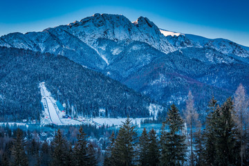 Giewont peak at dawn in Zakopane in winter, Tatra Mountains, Poland