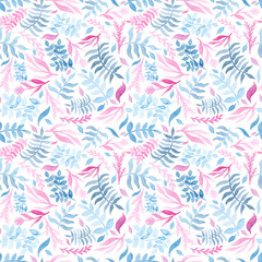 Fototapeta na wymiar Watercolor Gentle Blue And Pink Foliage Repeat Pattern