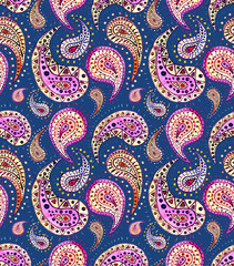 Repeat Pattern With Watercolor Bright Pink Paisley on Blue Background