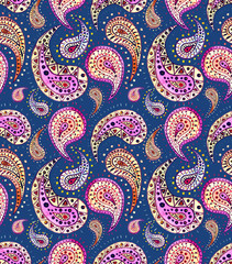 Repeat Pattern With Watercolor Bright Pink Paisley on Blue Background