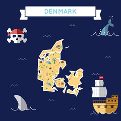 Flat treasure map of Denmark. Colorful cartoon with icons of ship, jolly roger, treasure chest and banner ribbon. Flat design vector illustration.