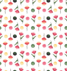 Watercolor Red Flowers And Green Dots Seamless Pattern