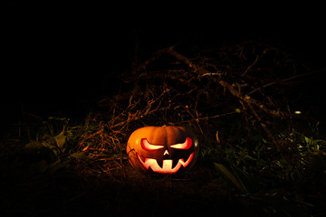 Halloween Scary Pumpkin in the forest in the dark with glowing e