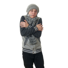 Cute teenager boy in gray sweater over white isolated background