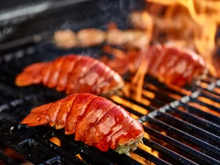 Printed kitchen splashbacks Sea Food grilling lobster over hot flame
