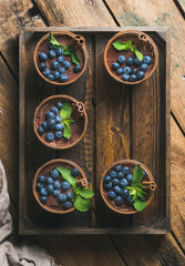 Homemade Tiramisu dessert in glasses with cinnamon sticks, mint leaves and fresh blueberries in wooden tray over rustic wooden background, top view, copy space, vertical composition
