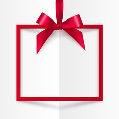 Red vector gift box frame with silky bow and ribbon on white folded paper background