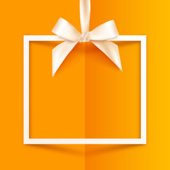 White vector gift box frame with silky bow and ribbon on orange folded paper background - 121878172