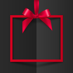 Red vector gift box decorative frame with silky bow and ribbon on black folded paper background